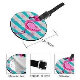 TKS MITLAN 1 Pack Pink Flamingo PU Leather Travel Cruise Luggage Tag Blue Stripes Flower Stars Hearts Baggage Bag Backpack Instrument with Privacy Flap Name ID Label for Girls Suitcase(Round)
