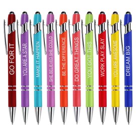 Cobee Inspirational Ballpoint Pens, 10 Pieces Retractable Ballpoint Pen with Stylus Tip 1.0 mm Black Ink Soft Touch Motivational Quote Pens with Coated Metal Motivational for School Office Gift