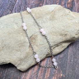 Vilda Jewellery Rose Quartz Anklet Slim Stainless Steel Chain with 4mm Stone Beads - Adjustable Size : 9-11 inches