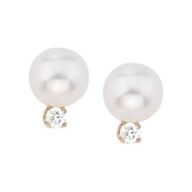 14kK Yellow Gold 6 mm Freshwater Cultured Pearl and Diamond Stud Earrings