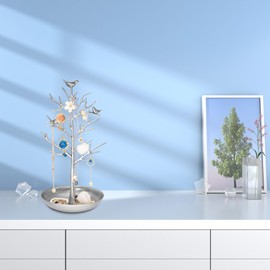 Inviktus Silver Birds Tree Jewelry Stand Display Earring Necklace Holder Organizer Rack Tower-silver