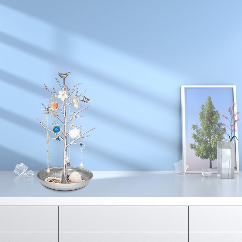 Inviktus Silver Birds Tree Jewelry Stand Display Earring Necklace Holder