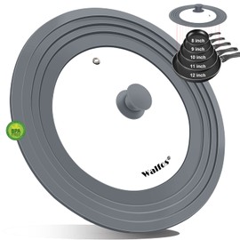 Universal Lid for Pots, Pans and Skillets - Walfos Tempered Glass Pan Lid with Heat Resistant Silicone Rim, BPA Free Large Pot Lids Fits 8" to 12" Diameter Cookware, Dishwasher-Safe, Grey