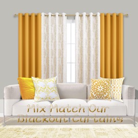 Gold and Greyish Cream White Light Filtering Damask Pattern Extra Length Mandala Curtains for Living Room 52 by 90 Inches Long 2 Panels