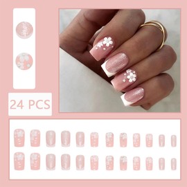 24Pcs White French Tips Press on Nails Short Square Fake Nails with 3D Flower Rhinestone Design Nude Color Glitter False Nails Glossy Full Cover Acrylic Nails for Women Daily Wear Manicure Decoration