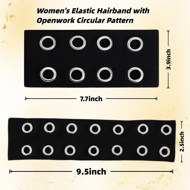 2 Pcs Women Black Grommet Headbands, Elastic Studded Headband with