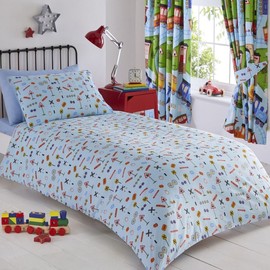 Kids Club Trains Bed Duvet Cover and Pillowcase Set, Polyester-Cotton, Blue