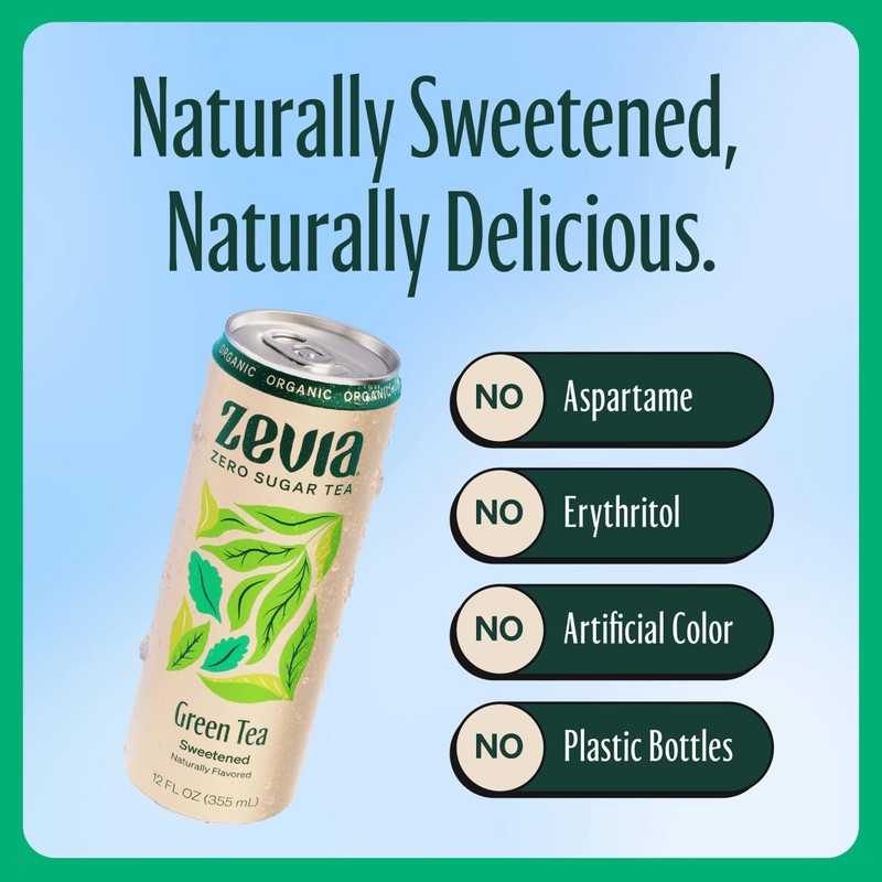 Zevia Zero Sugar Tea, Green Tea, 12 oz Cans (12-Pack)
