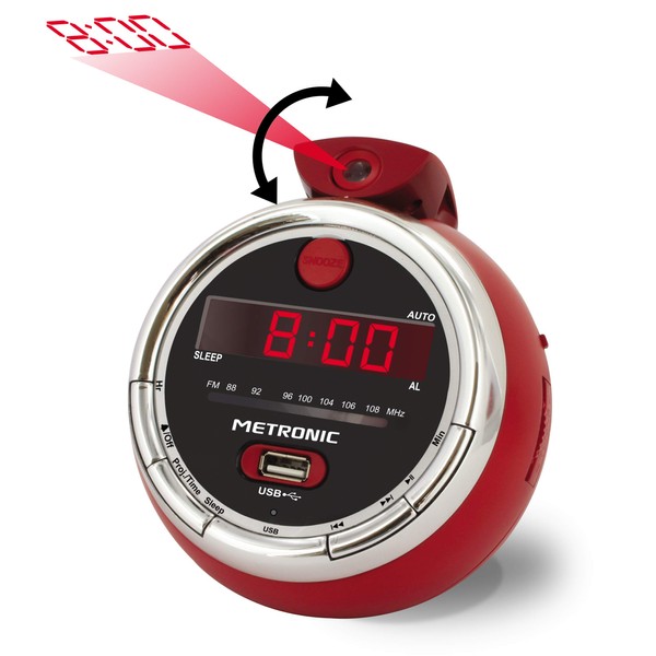 Metronic 477024 Radio Alarm Clock with Projection Radio FM Red