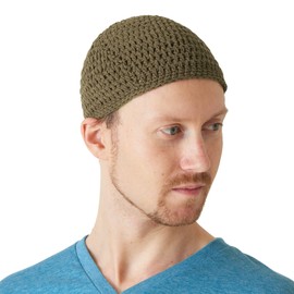 CHARM Cotton Skull Cap for Men - Crochet Kufi Hat Mens Beanie Prayer Hat Knit Soft Sensitive Skin Chemo Khaki L