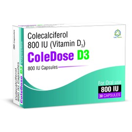 Vitamin D 800 IU –Equivalent to 20 mcg - ColeDose D3, Premium Vitamin - 30 Capsules- One a Day