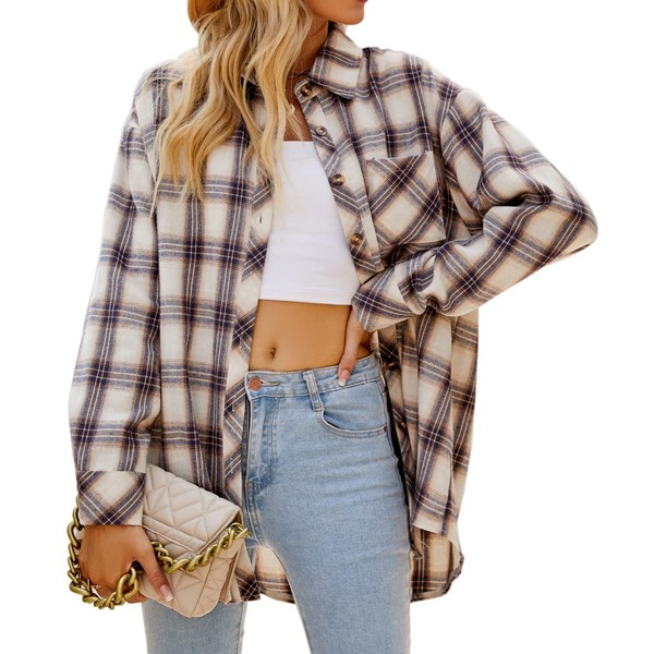 CHYRII Womens Button Down Flannel Shirts Long Sleeve Plaid Shacket