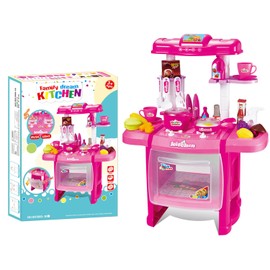 Kitchen Set for Kids, Pretend Play Kitchen Toy Set with Lights and Sounds, Play Sink, Pretend Food Pink Kitchen Playset for Girls Boys