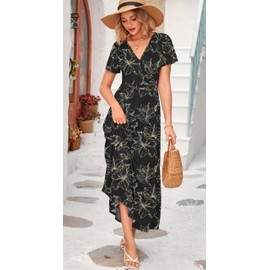 WNEEDU Women's Summer Maxi Dress Short Sleeves Wrap V Neck Long Dresses with Pockets(Black Gold Leaf,XL)