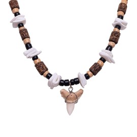 BlueRica Shark Tooth on Tiger Brown Coconut & Puka Chip Shell Beads Necklace (18" 3L)