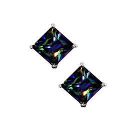 Rainbow Peacock Multi Color Square Princess Cut CZ Basket Set Sterling Silver Stud Earrings 7mm