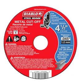 Diablo Type 1 Steel Demon Metal Cut - Off Disc - 4-1/2" Diameter, 7/8" Arbor, 1 Hub Type, 0.045" Thickness, 13280 Max RPM - DBDS45045101F