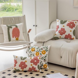 AGOKABA Flower Tufted Throw Pillow Tulip Pillow Decorative Pillow Covers Pink and Green Throw Pillows for Bed Unique Living Room Pillowcases Boucle Embroidery Cushion Covers Pack of 1 B