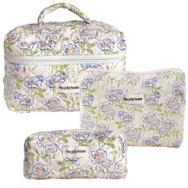 GoaePode Women's Travel Cosmetic Bag Set, 3 Pieces, Various Sizes, Flowers, Aesthetic Make Up Bag, Made of Cotton, Quilted Toiletry Bag, Beauty Case, Make-Up Bag, Travel Essentials, Elf Flower, Zipper
