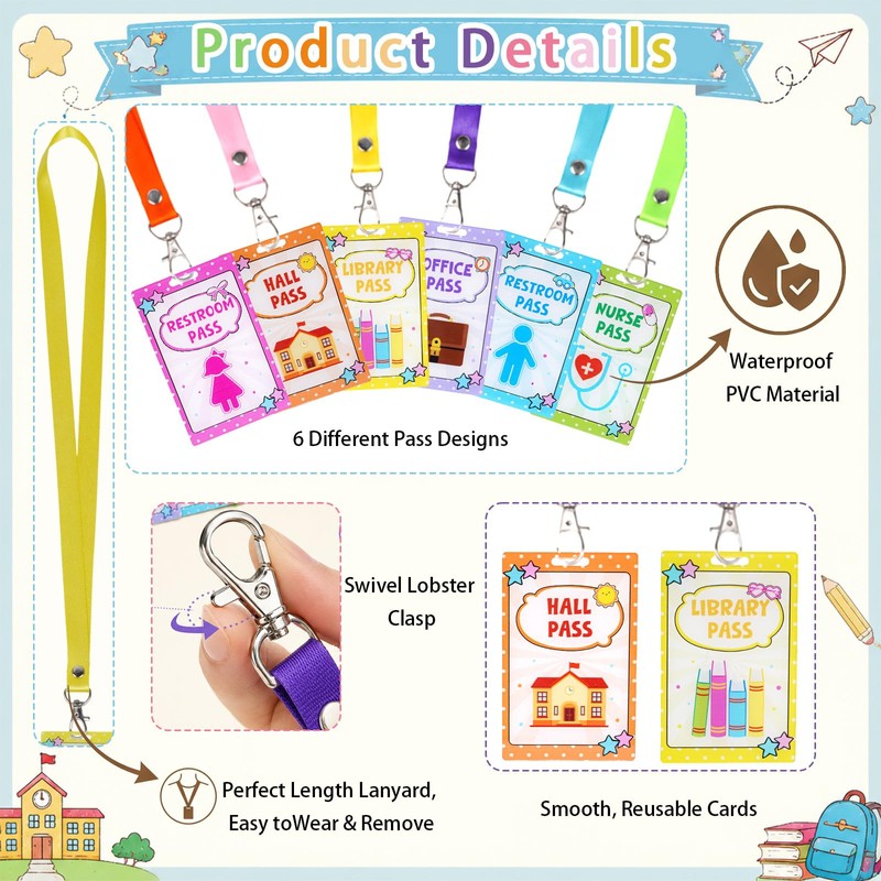 Hall Passes for Classrooms, 6 Set PVC Waterproof Bathroom Pass