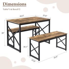 VECELO Kitchen Dining Table Set for 4, 43.3" Wood Rectangle Dinette with 2 Benches, Heavy-Duty Metal Frame for Small Space, Breakfast Nook, Brown
