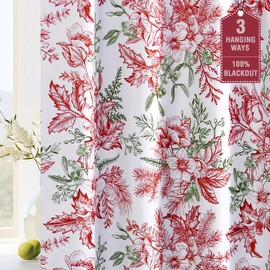 H.VERSAILTEX Christmas 100% Blackout Curtain Thermal Insulated Bedroom Curtains Back Tab/Rod Pocket Vintage Floral Curtains with Black Liner, 2 Panels Set 84 Inch, Christmas Red and Christmas Green