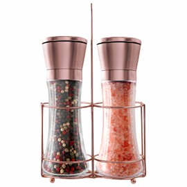 bonris Copper Stainless Steel Salt and Pepper Grinder Set Manual Himalayan Pink Salt Mill|Salt and Pepper Shakers with Adjustable Coarseness and Clear Glass Body (Pack of 2)