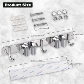 Hejo Mop Holder Wall Mounted, 2 Pack 2 Racks 3 Hooks 304 Stainless Steel Heavy Duty Broom Holder for Bathroom, Kitchen, Garage, Garden Tool Organizer, Brush Mop and Broom Gripper