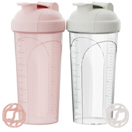 PZMLOASN Pack of 2 Protein Shaker Bottles, 700 ml, Leak-Proof Screw Lid, BPA-Free, Made of Baby Bottle-Safe Material, for Men and Women (Pink+White)