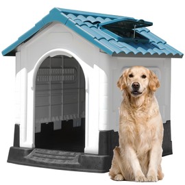 DWVO 41.3'' Plastic Foldable Dog House for Small, Medium, and Large Dogs, Waterproof Folding Pet House with Adjustable Top Window and Elevated Base (41.3''L x 34.6''W x 39''H)