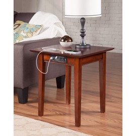 Shaker End Table with Charging Station in Walnut Brown Modern Contemporary Square Wood Finish Includes Hardware