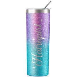 Onebttl Hair Stylist Gifts For Women, Female, Her - Hairapist Love is in the Hair - 20oz/590ml Stainless Steel Insulated Tumbler with Straw, Lid, Message Card - (Glitter Purple Blue)