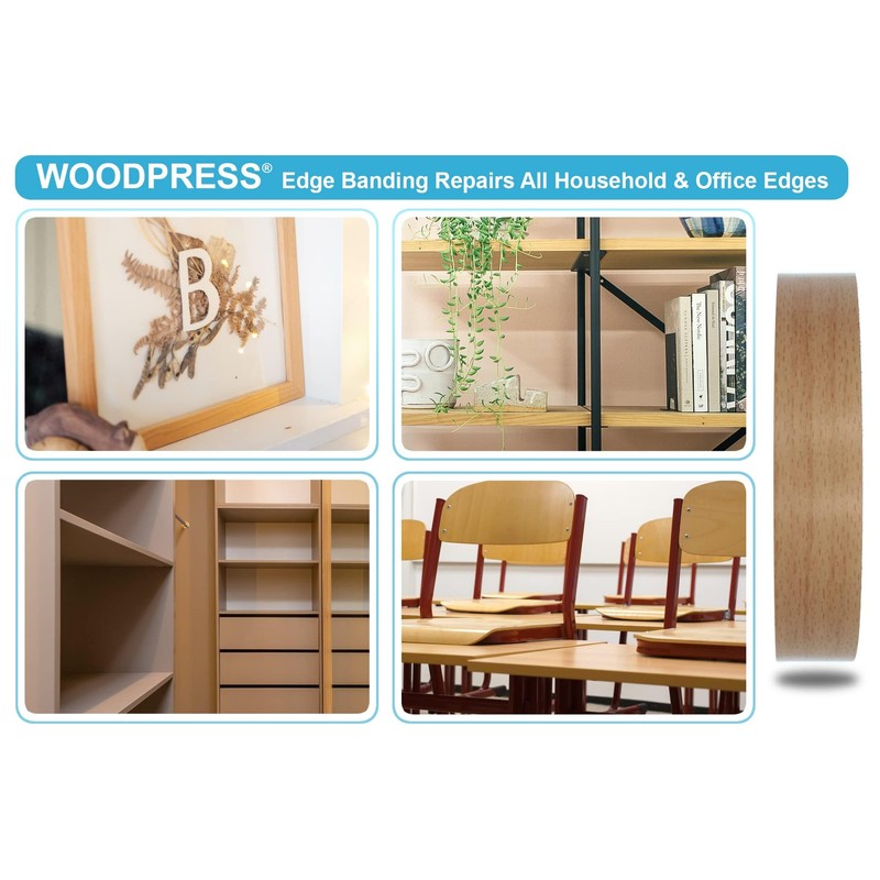 WoodPress® 30mm Beech Wood Style Laminate Melamine Edging, Pre-Glued Veneer