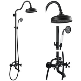 gotonovo Exposed Bathroom Shower System 8 Inch Rainfall Shower Head Handheld Spray Tub Filler Brass Pipe 3-Function Wall Mount Double Cross Knobs Vintage Curved Bar Matte Black