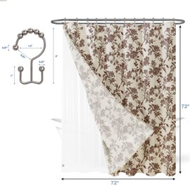 3 in 1 Shower Curtain with Liner and Hooks Brown Floral Cotton Linen Shower Curtain for Bathroom 72" W x 72" L Double Layer