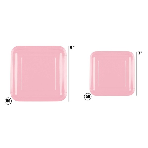 Oojami 100 Count Square Light Pink Paper Plates 50~9" Dinner Paper Plates 50~7" Dessert Paper Plates Light Pink Party Theme
