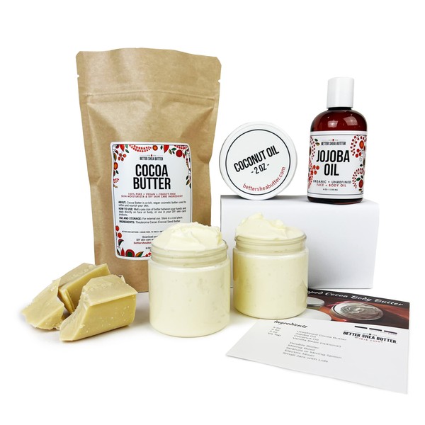 Better Shea Butter Cocoa Body Butter Making Kit - Includes Unrefined Cocoa Butter, Jojoba Oil, Coconut Oil, 2 Jars and Recipes Card with Link to Video Tutorial - Natural Whipped Body Lotion Making Kit