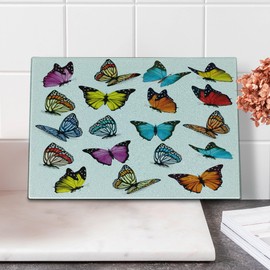 Ambesonne Animal Cutting Board, Colorful Butterflies Flying Artistic Composition Summertime Seasonal Animals Print, Decorative Tempered Glass Cutting and Serving Board, Small Size, Multicolor