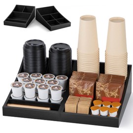 ANBOXIT Coffee Station Organizer for Countertop, Condiment Storage Caddy, Coffee Bar Supplies Organizer for Home, Office and Breakroom - Wooden, Black, 9 Compartment, Two-in-One