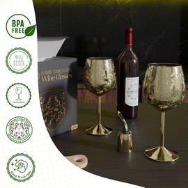 vaanshie 17oz Stainless Steel Wine Glasses [Set of 2] – Gold Royal Goblets with Baroque Engravings, Unbreakable Wine Cups with Bottle Stopper – Ideal Anniversary and Christmas Gift