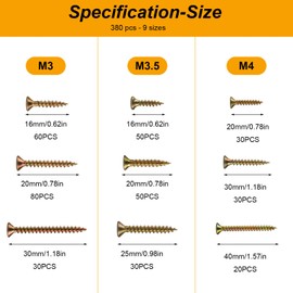 M3 M3.5 M4 Wood Screws Set, 380 Pieces Self-Tapping Screws with Countersunk Screws Set, Chipboard Screws Phillips Screws Set, Flat Head Screws for DIY Project Repair