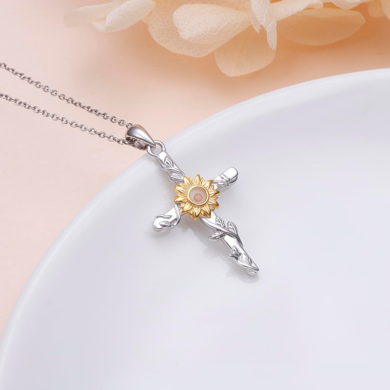 DAOCHONG Sunflower Mustard Seed Cross Necklace for Women Faith Jewelry