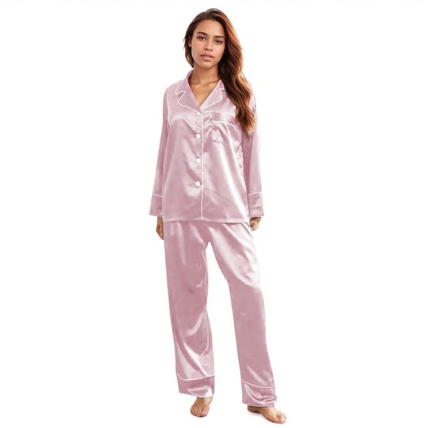 ZBR Satin Pajamas Set Long Sleeve Loungewear Sleepwear Two Piece