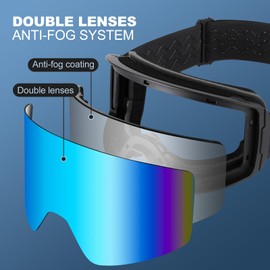 Odoland Ski Mask Kit, Wide View Cylindrical Snowboard Mask Anti-Fog UV Protection, Ski Goggles for Men and Women, Frames Black + Blue Lens VLT12.6%