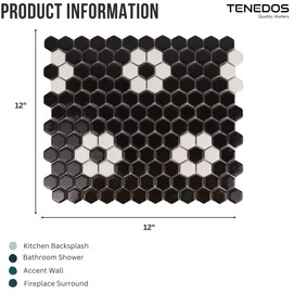 Hexagon Neutro Flower Black White Hex 1x1 Porcelain Floor Wall Tile Backsplash on Mesh Mounted for Easy to Install uses in Kitchen, Bathroom Shower, Accent Decor, Fireplace (1)