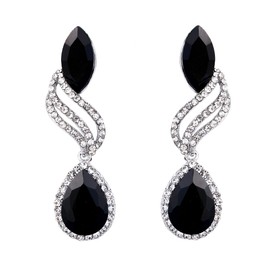 BriLove Wedding Bridal Dangle Earrings for Women Fashion Crystal Hollow Leaf Teardrop Earrings Black Silver-Tone