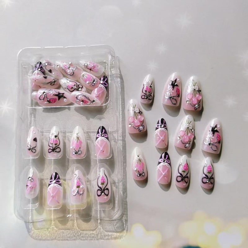 Bow Press on Nails Almond Medium Fake Nails with Love