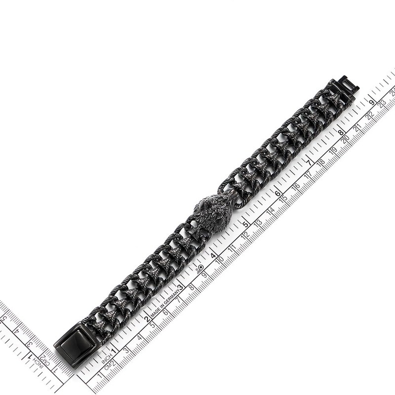 COOLSTEELANDBEYOND Men's Black Stainless Steel Wolf Head Bracelet, Textured Scale