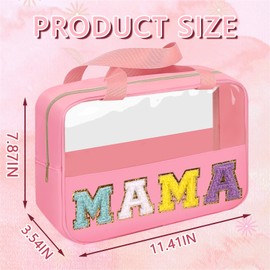 Bolsa de chenilla con parche de carta, bolsa de cosméticos de maquillaje transparente, Rosa-mama