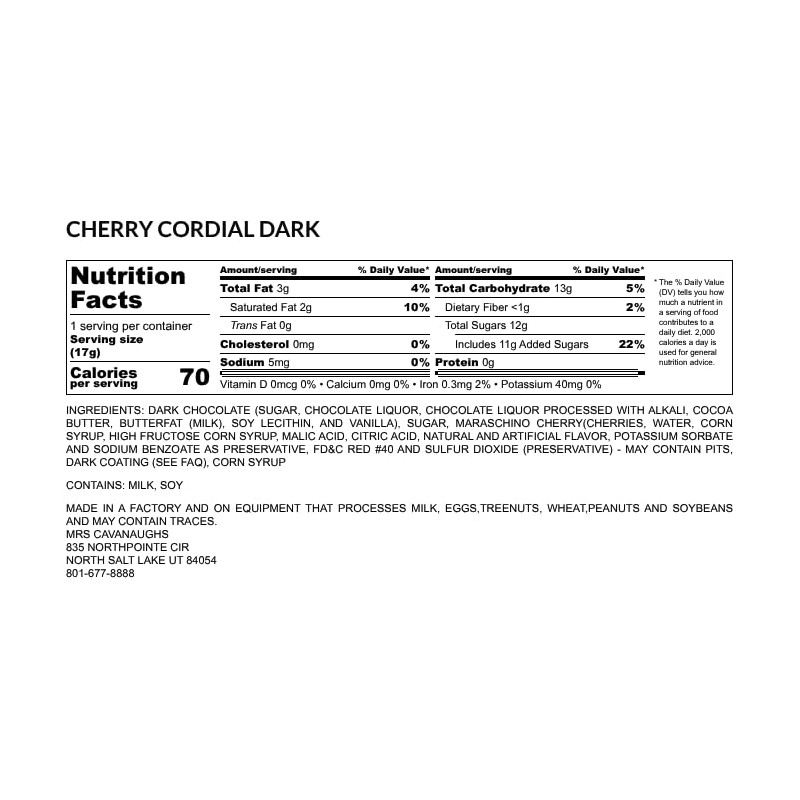 Mrs. Cavanaugh’s Dark Chocolate Cherry Cordials 1 lb Tray –